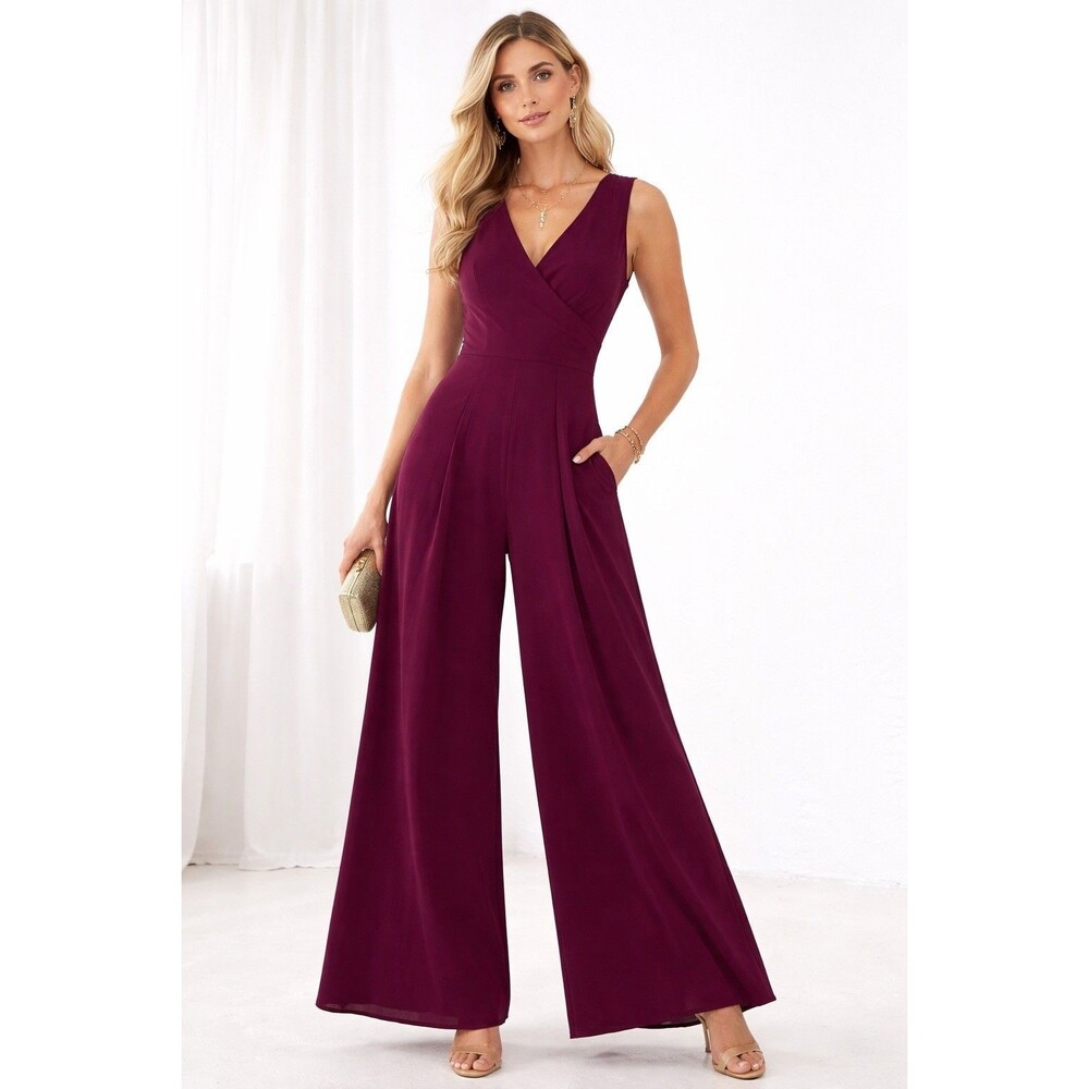 Burgundy Palazzo Jumpsuit Women’s Formal Dress Illusion Wide Leg size L NWT - Picture 15 of 15